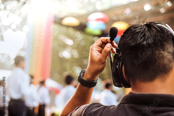 Fototapeta Stage manager using wireless intercom headset while watching and directing stage live performance