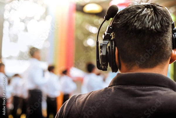 Fototapeta Stage manager using wireless intercom headset while watching and directing stage live performance