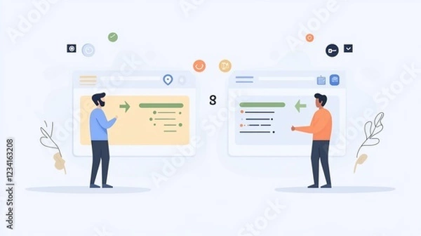 Fototapeta Online collaboration two men exchanging data on website screens