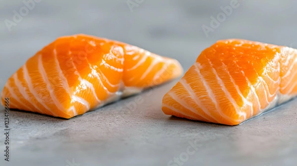 Fototapeta Fresh salmon fillets on grey surface, food preparation, kitchen