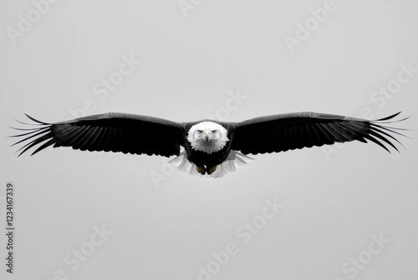 Fototapeta Bald Eagle flying. bird of prey against autumn background, Mountain View sky and tree, yellow grass and forest
