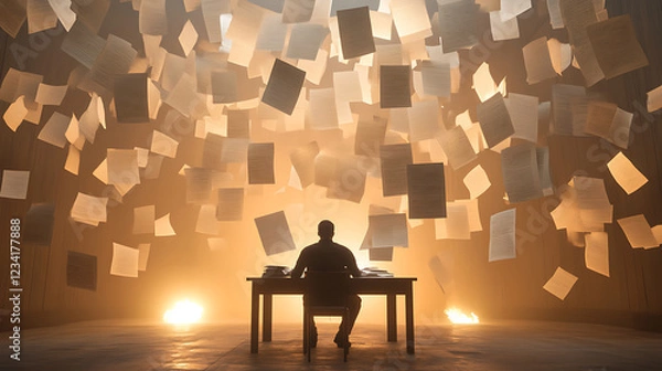 Obraz Man Working at Desk Surrounded by Falling Papers