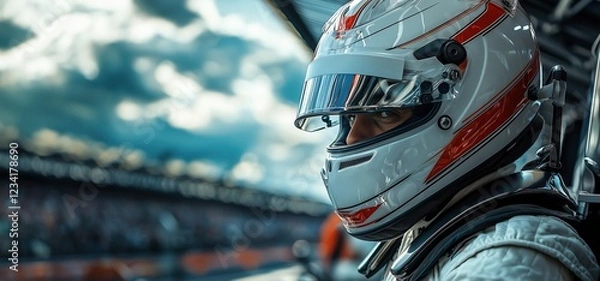 Fototapeta Epic Portrait of F1 Driver in White Overall and Helmet – Waiting Pose