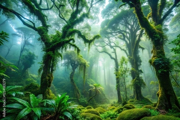 Fototapeta Ethereal fog veils a lush Amazonian rainforest, creating stunning landscape photography.