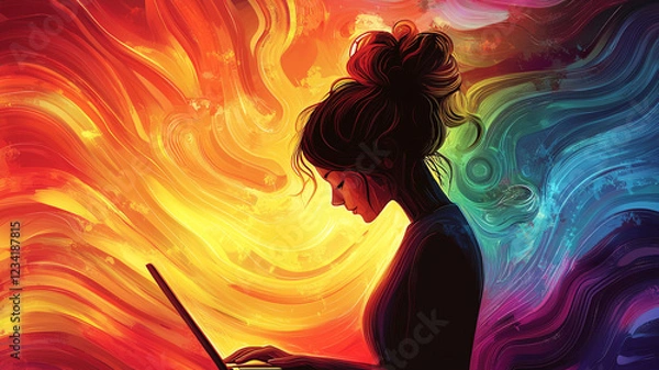 Fototapeta Woman Using Laptop Colorful Abstract Background Digital Art