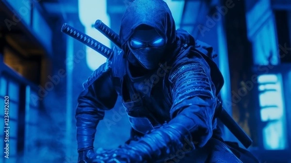 Obraz Futuristic ninja with glowing blue eyes holding dual swords in a dimly lit cyberpunk setting.