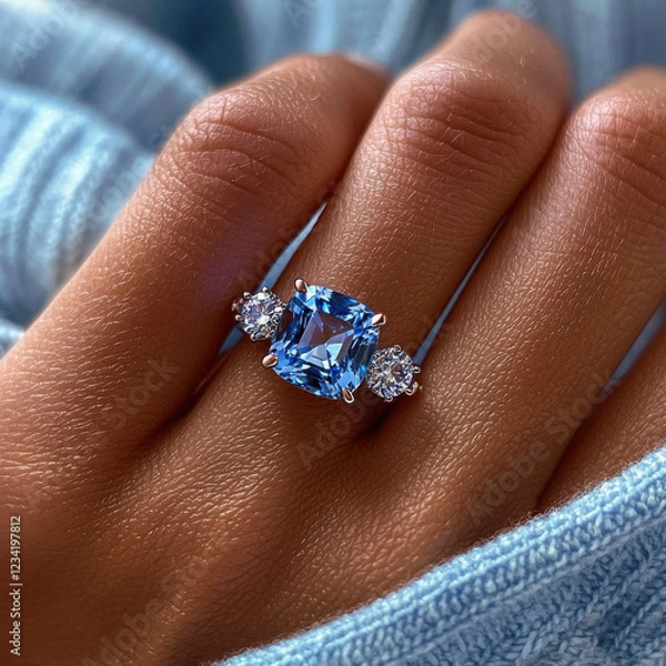 Fototapeta A macro shot photograph of a blue cushion cut moissanite with three round stones on the sides worn on a hand. Sterling silver material. Extreme sparkle and light refraction.