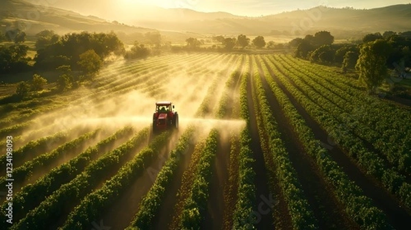 Fototapeta A red tractor sprays crops in golden light over lush vineyard fields.