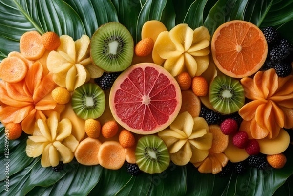Obraz Sliced tropical fruits arranged on large green leaf creating colorful pattern