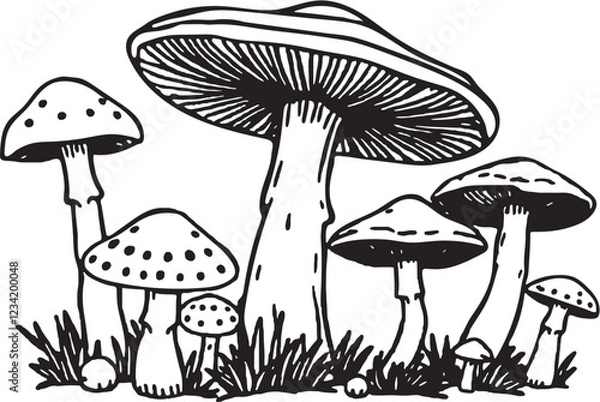 Fototapeta A mushrooms line art shilouette vector illustration on white background.