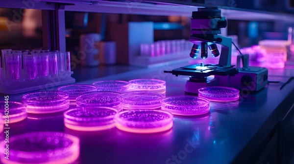 Obraz A detailed microbiology lab with glowing petri dishes and a powerful microscope capturing live bacteria cultures, during a groundbreaking research project