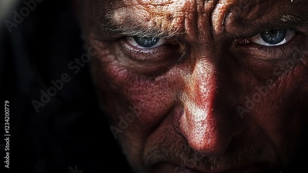 Fototapeta Angry senior man close-up portrait, dark background, film noir style, advertising
