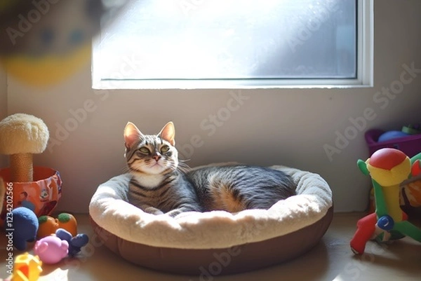 Fototapeta A cozy animal shelter room with a cat resting in a soft bed, surrounded by toys and sunlight streaming through the window, showcasing the peaceful environment of a loving shelter. 