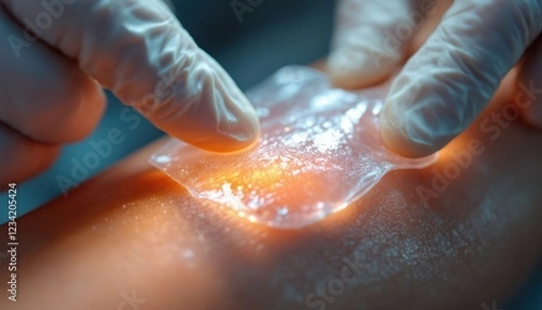 Fototapeta Close-up of applying hydrogel dressing on skin surface for wound care