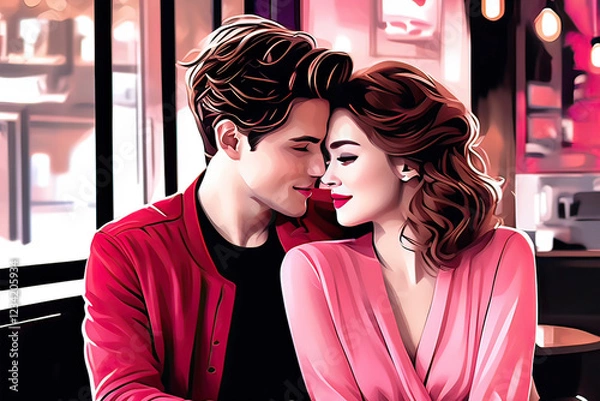 Obraz Man and woman next to each other in a cafe. Beautiful couple on a pink background.