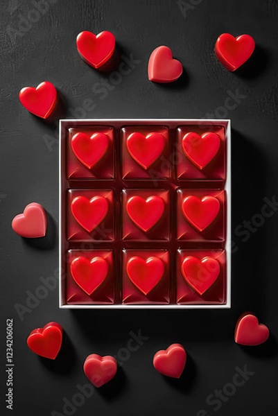 Fototapeta Red marmalade hearts on a black background. Vertical background for Birthday and Valentine's Day.