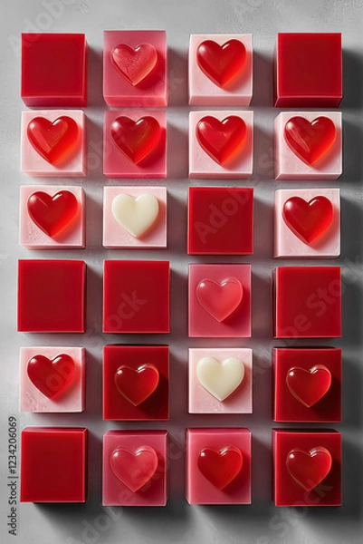 Fototapeta Red marmalade squares and hearts on a gray background. Vertical background for Birthday and Valentine's Day.