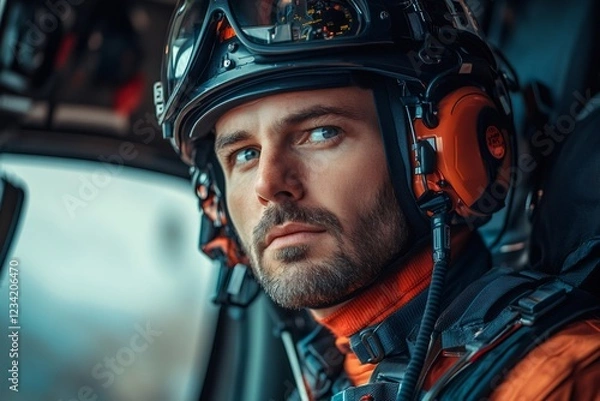 Fototapeta Paramedic wearing helmet and headset inside helicopter during rescue mission