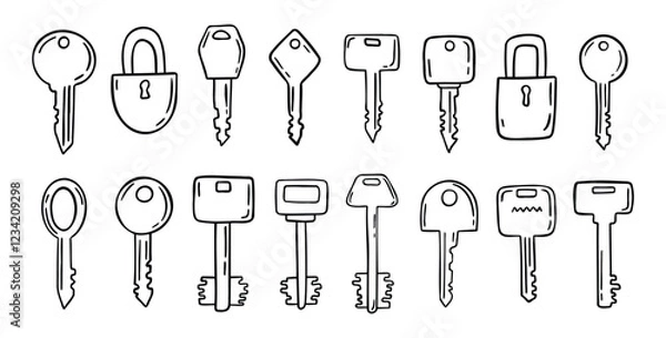 Fototapeta Sketch hand drawn doodle key icon set. Vintage locks and keys. Outline decor security elements collection.