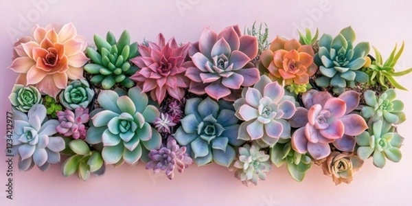 Fototapeta Succulent plants arrangement on pastel colored background. Potted succulent house plants. Flat lay, top view, copy space
