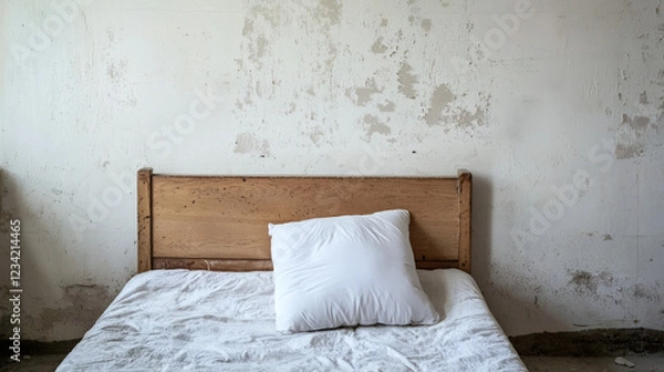 Fototapeta Simple bed with a white pillow and a white blanket in a bright bedroom setting