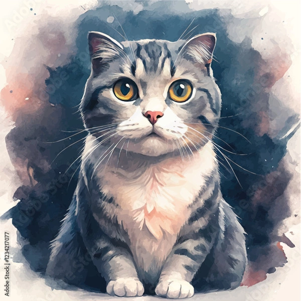 Fototapeta A beautifully detailed watercolor painting of a Scottish Fold cat with its soft, plush coat