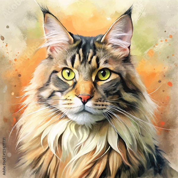 Fototapeta A refined watercolor painting of a Maine Coon cat with its distinctive features and coat