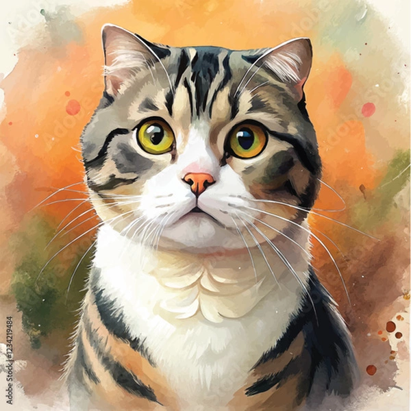 Fototapeta A refined watercolor painting of a Scottish Fold cat with its plush coat and loving demeanor