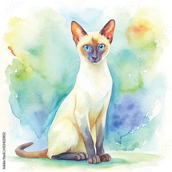 Fototapeta A stunning watercolor composition of a Siamese cat with deep blue eyes and sleek fur