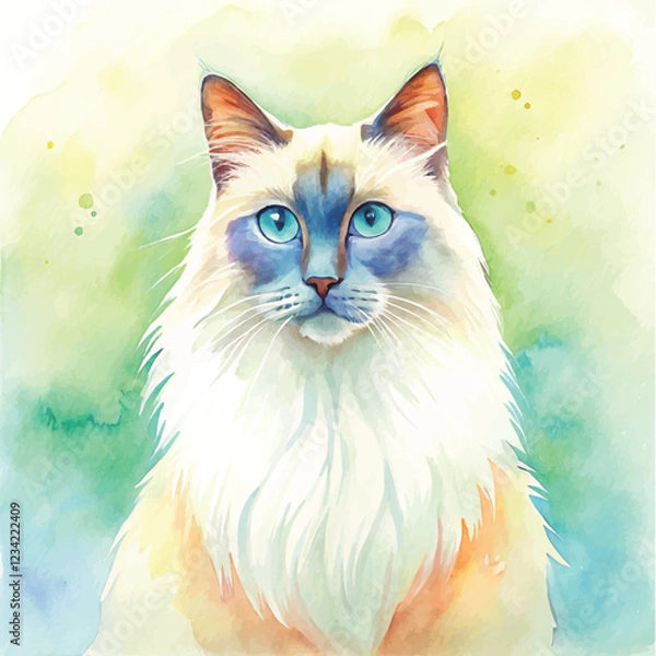 Fototapeta A stunning watercolor composition of a Ragdoll cat with detailed fur and a calm expression