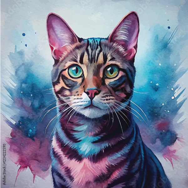 Fototapeta A vibrant watercolor depiction of a Bengal cat with its muscular body and striking fur