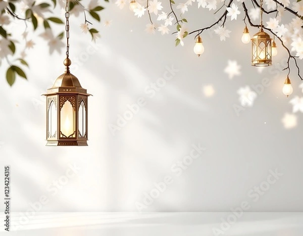 Fototapeta Golden Lanterns and Blossoming Branches: A Serene, Illuminated Scene