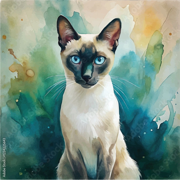 Fototapeta A vibrant watercolor depiction of a Siamese cat with its almond-shaped eyes and long tail