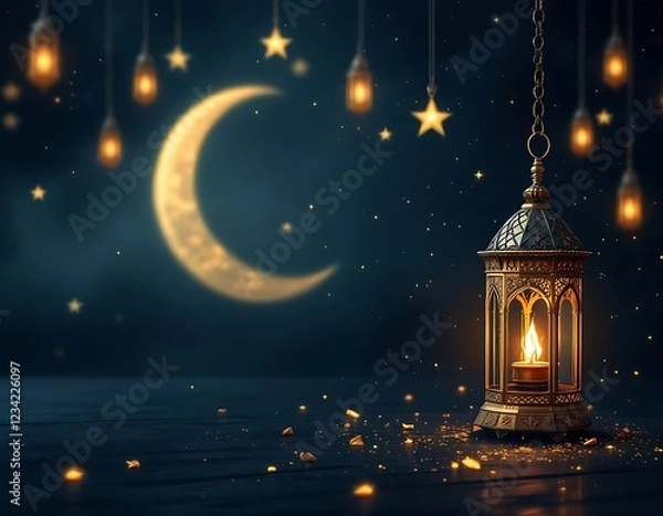 Fototapeta Golden Ramadan Lantern: Crescent Moon Night Scene