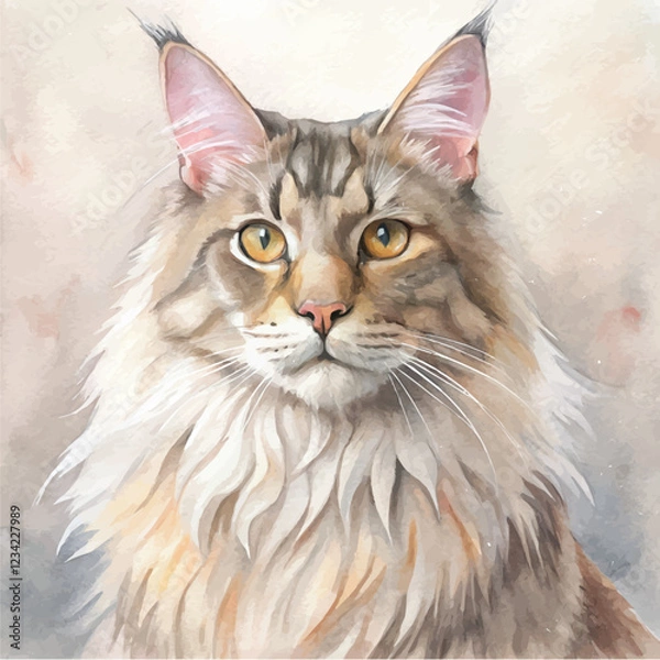 Fototapeta Artistic watercolor rendering of a Maine Coon cat with expressive eyes and luxurious fur