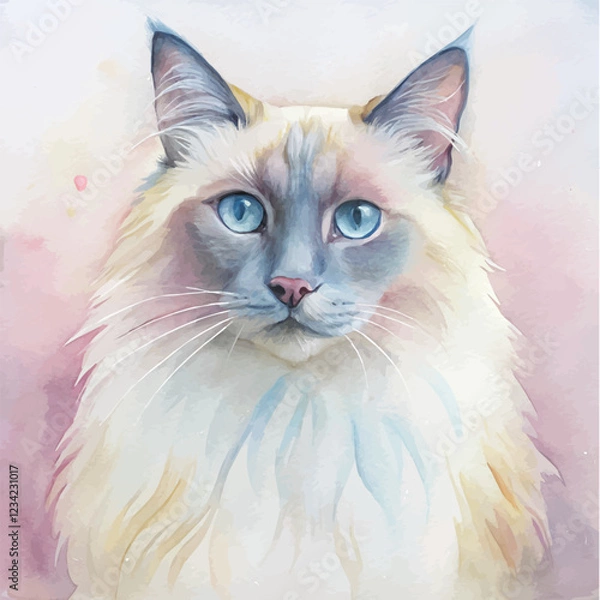Fototapeta Ragdoll cat painted in soft, flowing watercolor strokes with delicate features and bright eyes