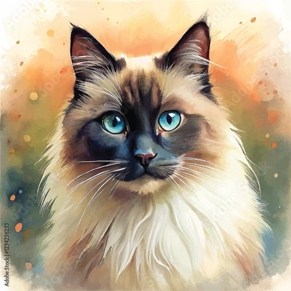 Fototapeta Watercolor art showcasing the Ragdoll cat’s affectionate nature and striking blue eyes