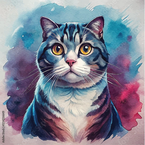Fototapeta Watercolor art showcasing the Scottish Fold cat’s affectionate nature and charming folded ears