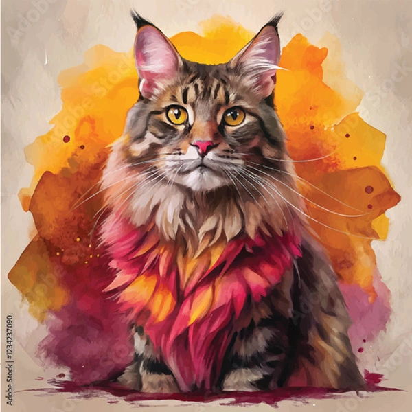 Fototapeta Watercolor illustration of a Maine Coon cat with its majestic fur and large build