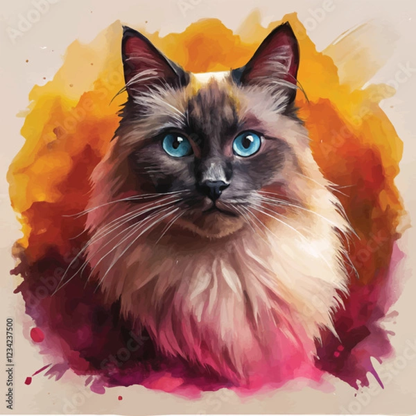 Fototapeta Watercolor illustration of a Ragdoll cat with its striking blue eyes and soft fur