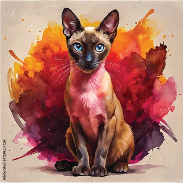 Fototapeta Watercolor illustration of a Siamese cat with its striking blue eyes and elegant body