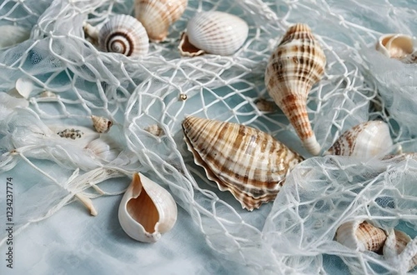 Obraz A beautiful arrangement of seashells and a fishing net resting on a soft blue background