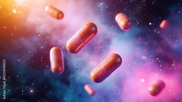 Obraz  Citing capsule pills floating in space, with a colorful background