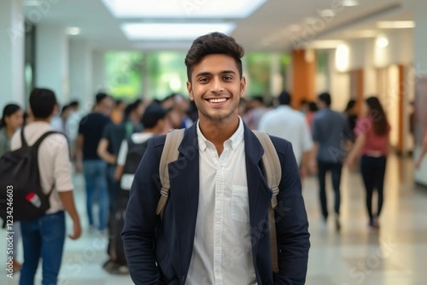 Fototapeta Portrait of a smiling indian student standing in a university hallway with backpack
