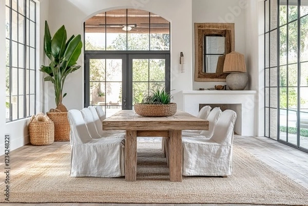Obraz Elegant dining area showcasing a wooden table, chairs, and natural light in a serene home setting