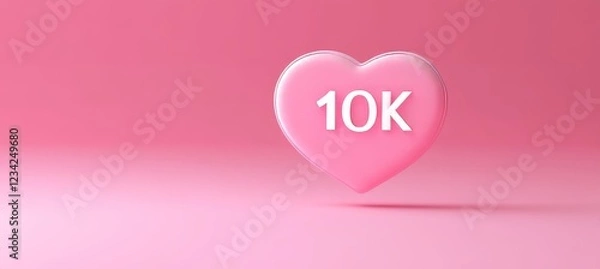 Fototapeta 3D Render of a Pink Glossy Heart Shape with 10k Text, Isolated on a Pastel Pink Background.