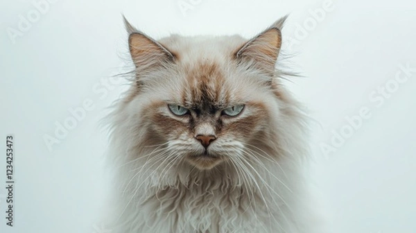 Fototapeta A fluffy long-haired cat with piercing blue eyes stares intensely at the camera. Its expression is one of serious displeasure