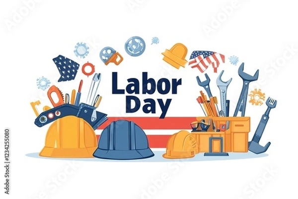 Fototapeta Engaging in the shared excitement of national Labor Day. Side view of american flag, set of tools, safety helmet, work gloves on wooden brown background with empty space for promo or text
