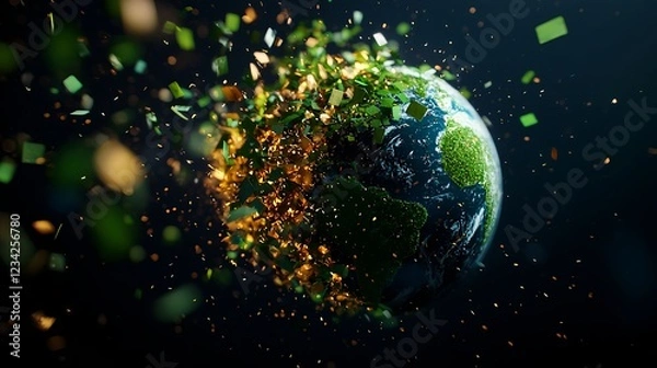 Fototapeta Earth Fragmentation: A Glowing Green And Gold Planet