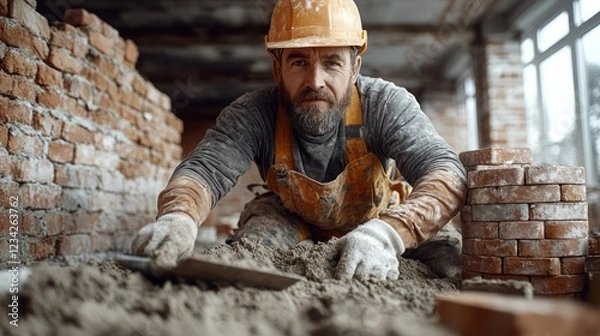 Fototapeta Focused Construction Worker Laying Bricks